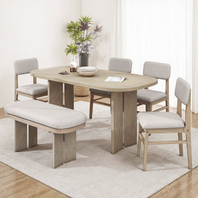 Ensemble de salle à manger 6 pièces en bois massif - table à tréteaux 65 po, 4 chaises à pieds courbés + banc rembourré, bois d'hévéa naturel, coussins beiges, artisanat vietnamien