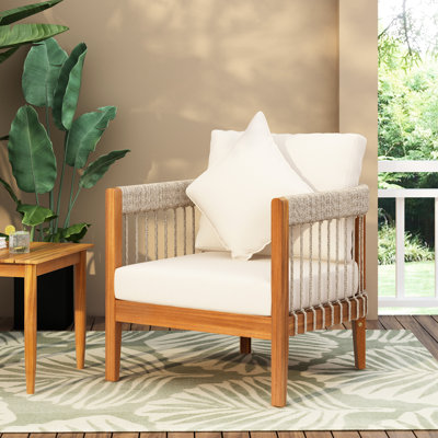 Fauteuil club d'extérieur, bois, corde tissée à la main, courbé, coussins amovibles pour patio d'eau, confort toutes saisons, accents de corde de bois faciles à entretenir, structure, nécessitant peu d'entretien