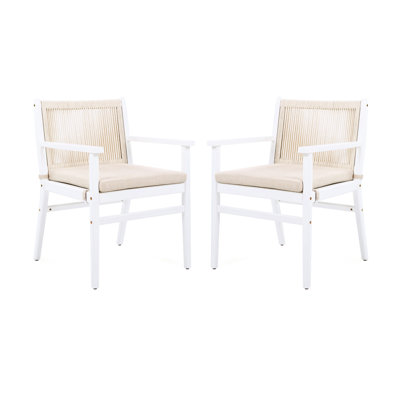 Ensemble de 2 chaises de jardin en bois, dossier en corde et coussins déperlants, structure blanche, capacité de 180 kg, housse de coussin amovible, entretien facile, confort ergonomique, style sobre pour fauteuil de balcon ou de terrasse