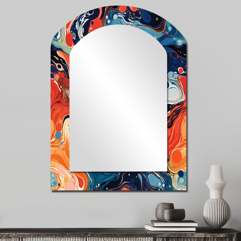Bleu et orange, liquide encre de rivière II - miroir décoratif à encre liquide, grand miroir mural asymétrique moderne, impression sur métal