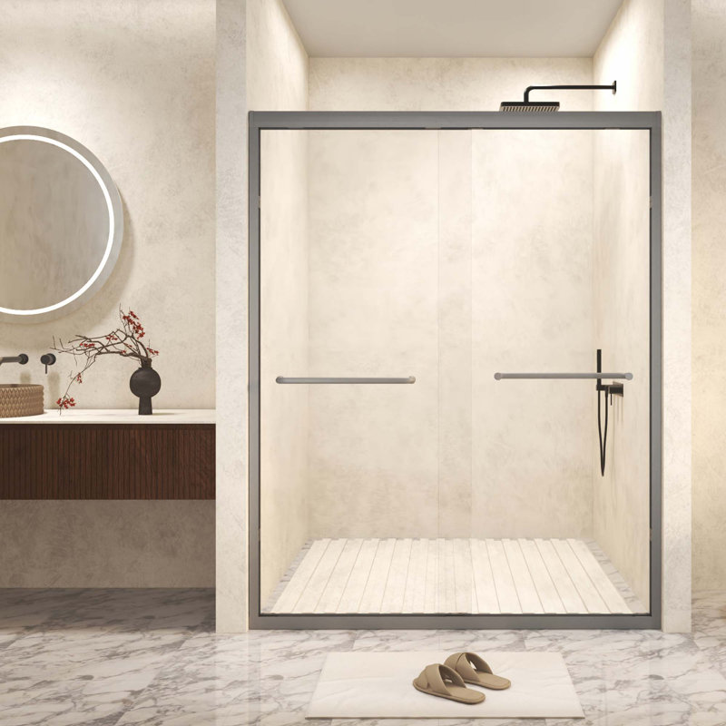 Tempered Glass With Explosion Proof Film,Aluminum Frame Double Sliding Shower Door,Stainless Steel Handle, Gray