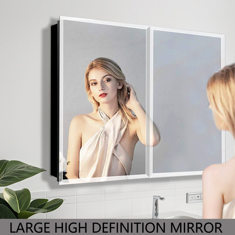 40x30 Inches Rectangular Beveled Frameless Mirror Cabinet, Wall Mounted Cabinet For Bathroom Toilet Kitchen,Recess Or Surface Mount Installation