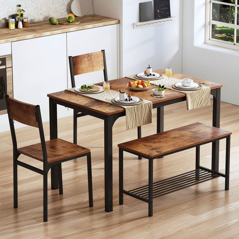 Pickell 4-Person Dining Table Set, 2 Chairs With Backrest,2-Person Bench With Storage Rack, Rustic Brown