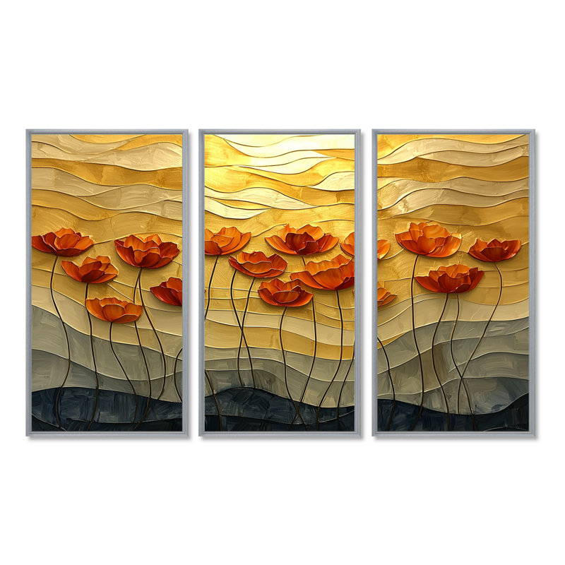Coucher de soleil sur les vagues de coquelicots I - art mural coquelicots - ensemble de 3, H 32 po x l 48 po, Argent argent