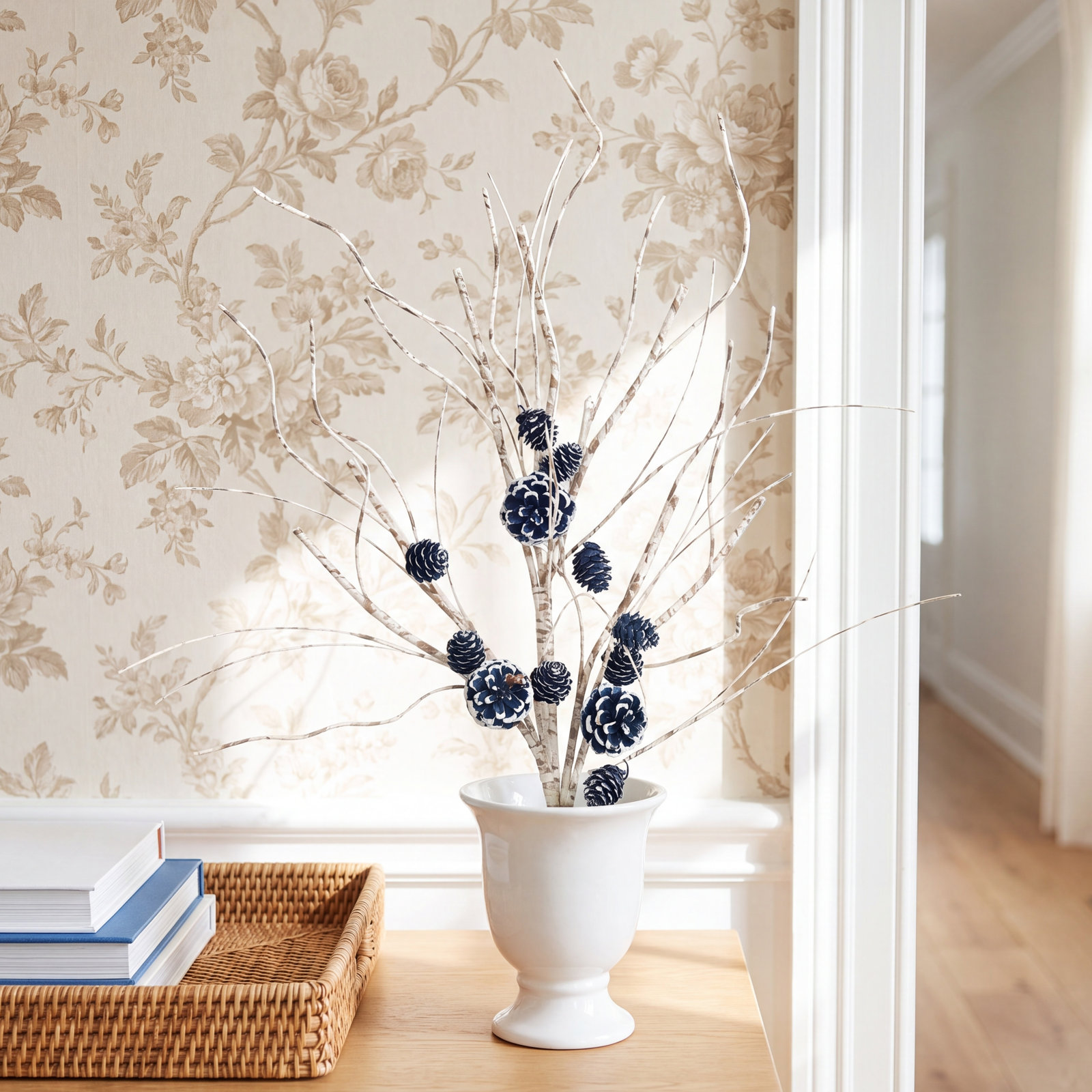 Birch Frosted Pinecone Stems, Blue