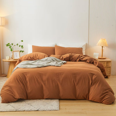 XINMIANFANG 100% Washed Cotton Duvet Cover Set 3 Pcs Linen Touch Natural Wrinkle Comfy Breathable Bedding