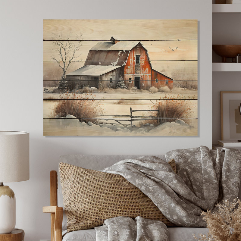 Cathrine, paysage de grange rouge en hiver II, reproduction sur bois sans cadre, H 12 po x l 20 po x P 1 po