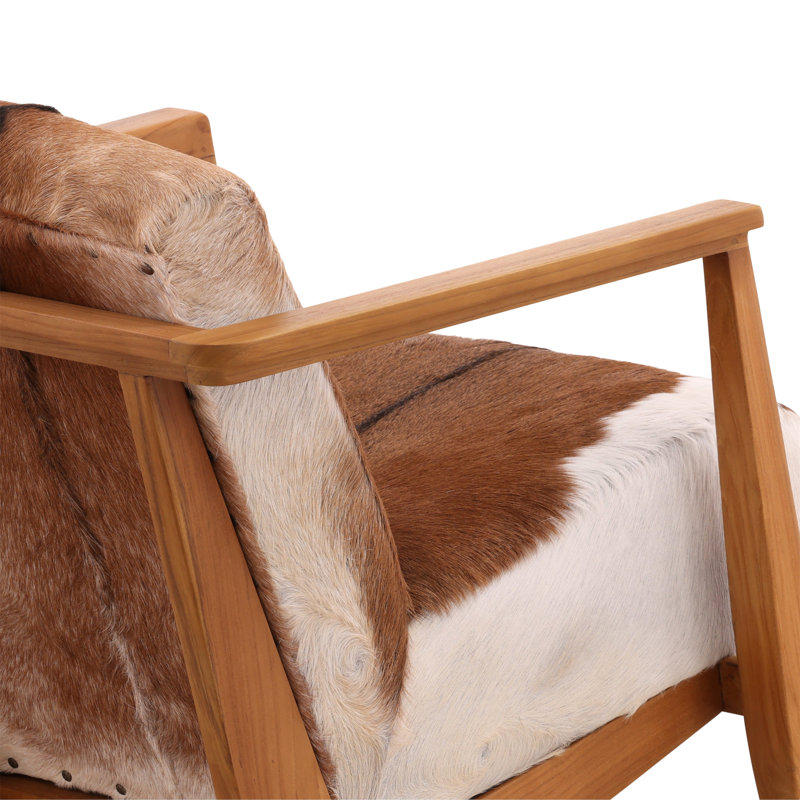 Fauteuil pivotant rembourré Doliver, Peau de chèvre brune / blanche véritable, Naturel