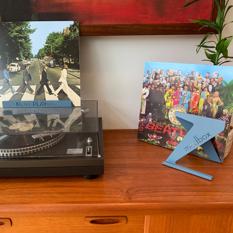 Présentoir à disques vinyle moderne aux couleurs rétro, Bleu satin