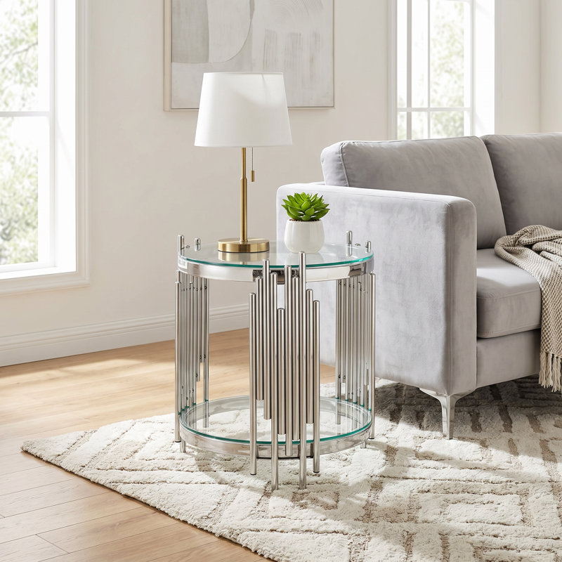 Table de bout d'appoint ronde de luxe moderne avec tablette en verre trempé à 2 niveaux et structure en acier inoxydable miroir argenté pour le salon, petits espaces