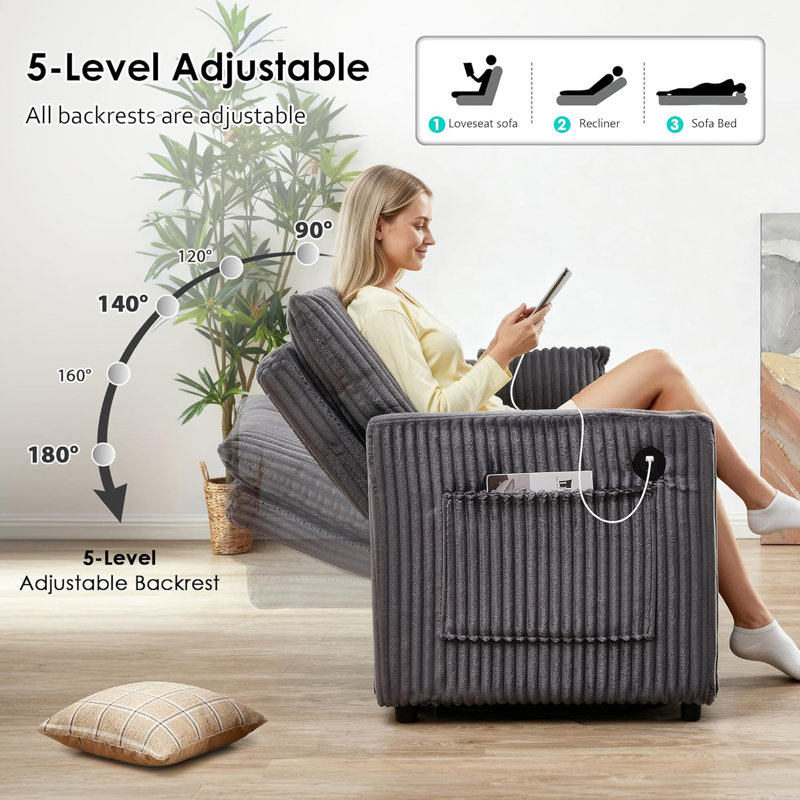 65 In Full Sleeper Sofa Bed, Convertible Pull Out Couch With Small Table, Gray