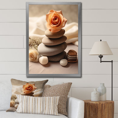 «Pink Rose on Zen Stone Cairn Sculpture», reproduction sur toile