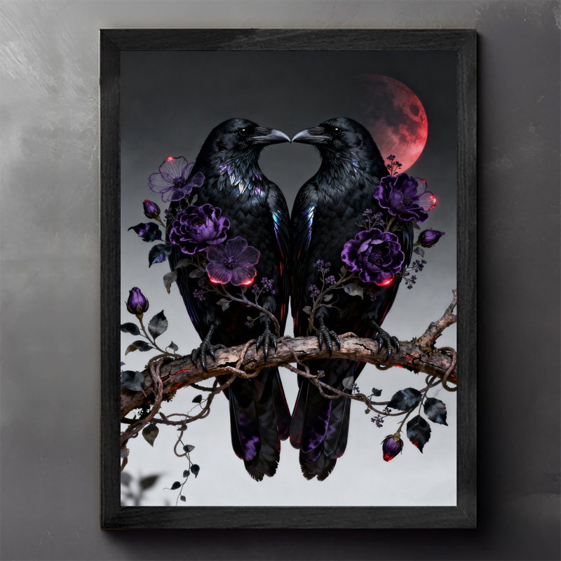 Reproduction d'art encadrée noire rétro avec deux corbeaux et fleurs mauves, H 25 po x l 17 po