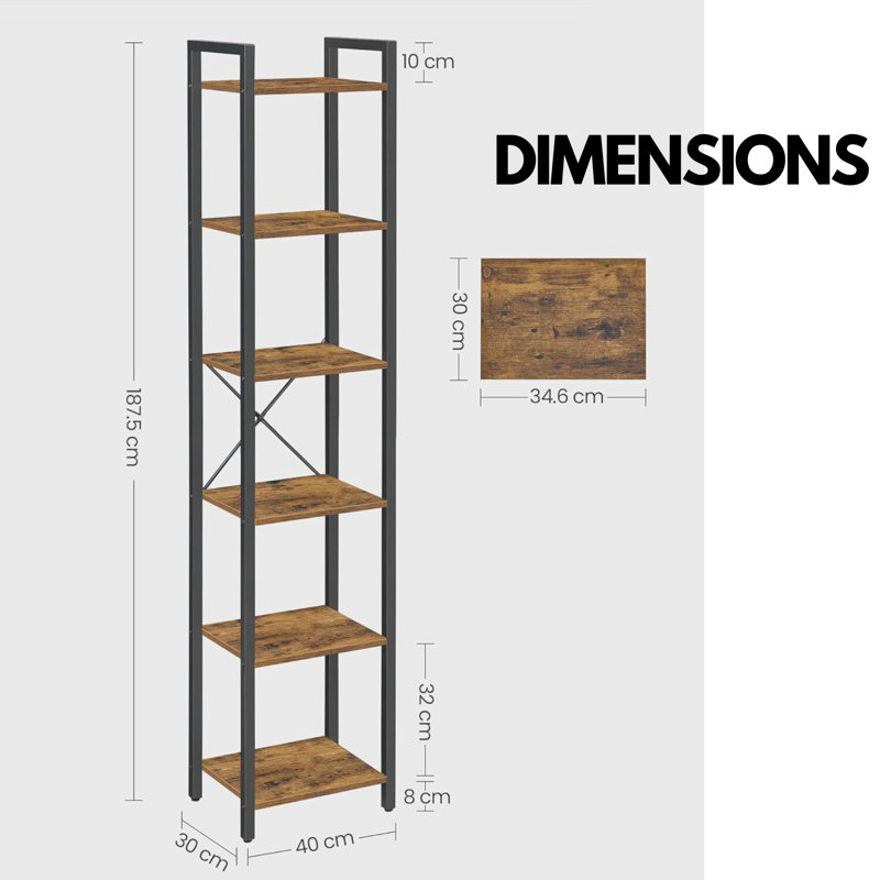 Mateas 187.5cm H x 40cm W Standard Bookcase Shelves 6 Tier Industrial Rustic Brown Furniture