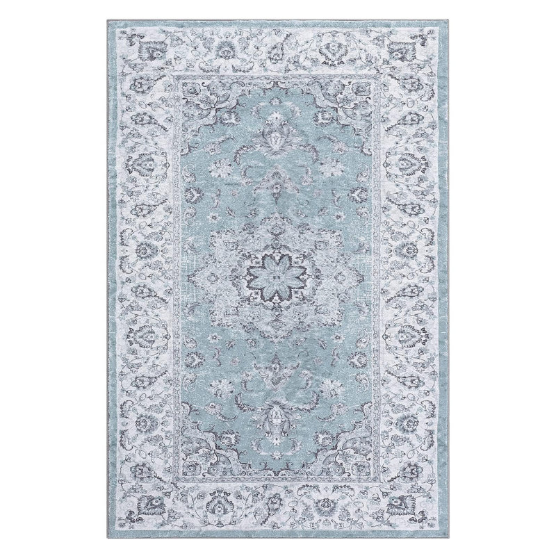 Rectangle Floral Washable Area Rug, Blue, Rectangle 80 x 150 cm
