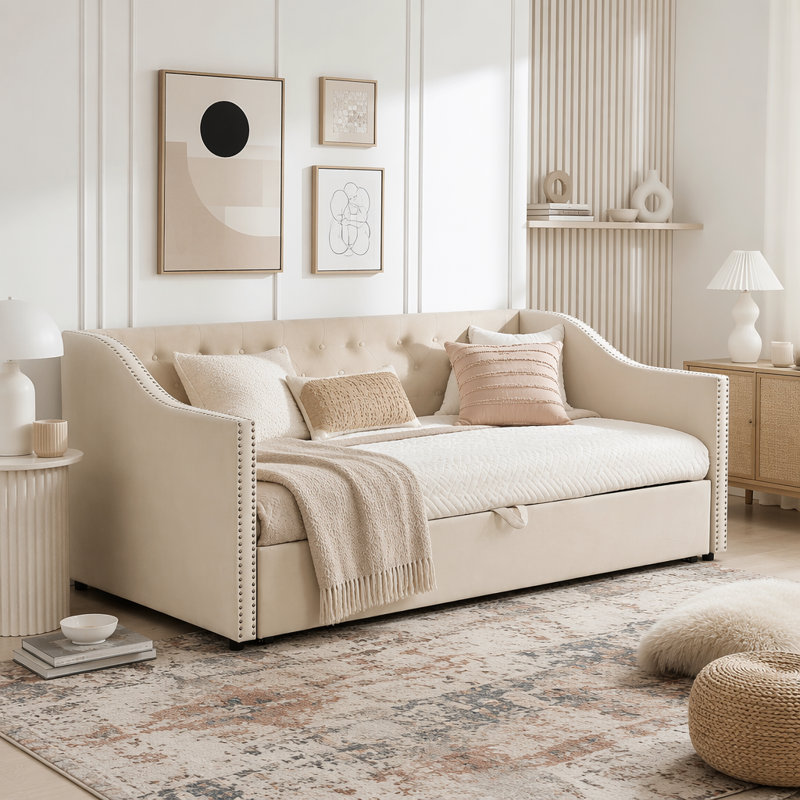 Upholstered daybed with Pop Up Trundle, Beige