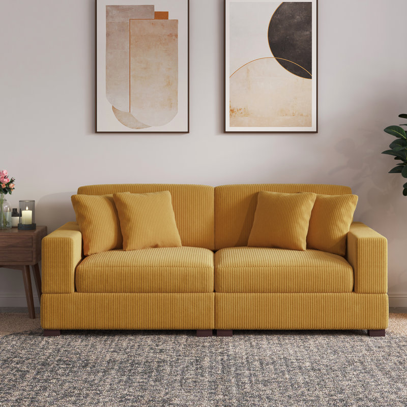 2 - Piece Upholstered Corduroy Modular Sectional Sofa with Pillow Back and Solid Wood Legs, Orange