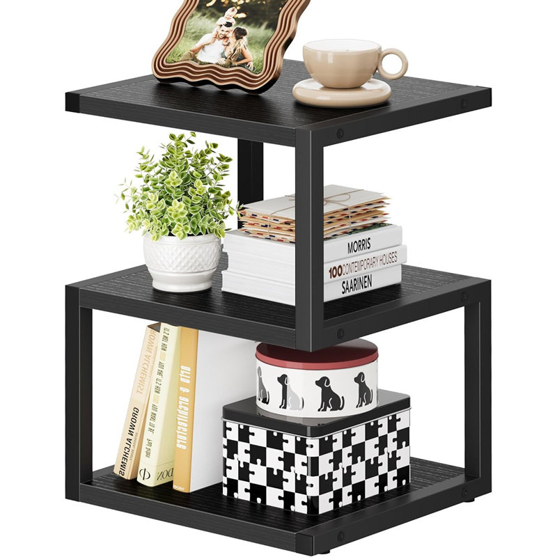 Petite table de chevet en forme de S avec rangement à 3 niveaux, noir