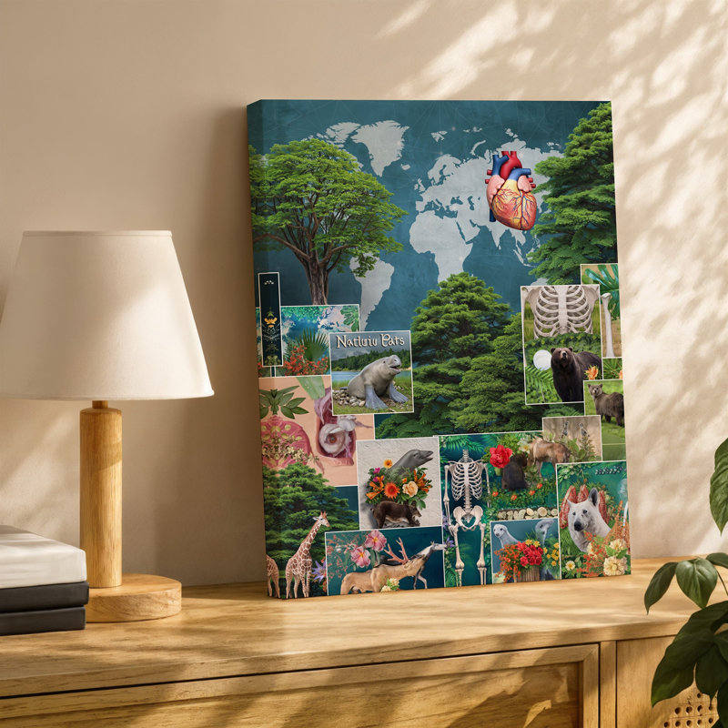 La toile crée un collage vibrant qui illustre le thème de la conservation de l'art mural, H 14 po x l 11 po