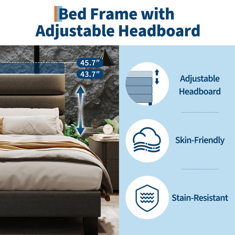 Bed Frame With Adjustable Headboard, Wooden Slats Support, Queen