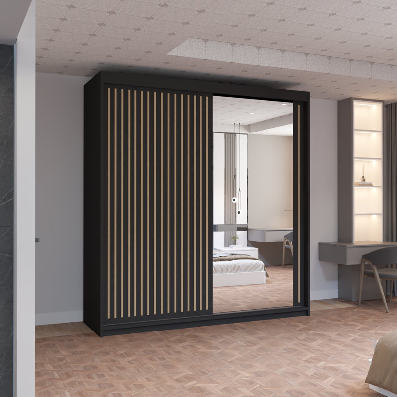 Moscow Sliding Wardrobe with Mirror Modern Bedroom Wardrobe 4 Colours 3 Sizes, 217cm H x 203cm W x 62cm D, Black
