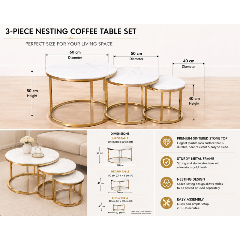 Vienna 3-Piece White Marble-Effect Nesting Coffee Table Set