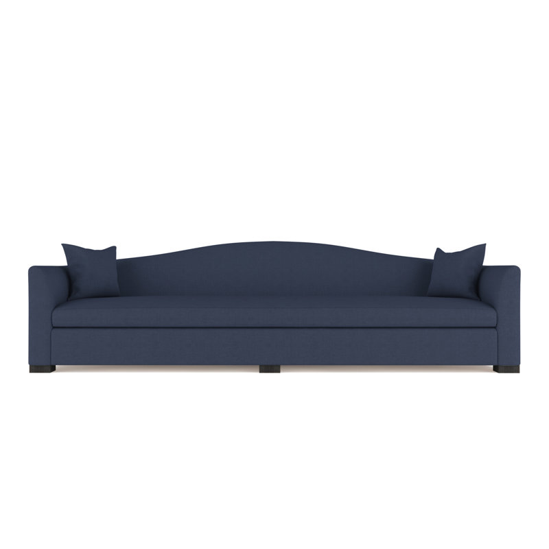 Horatio Camelback Taper Curved-Arm Extra Long Sofa, Ebony, Box Weave Linen Blue Print, 33" H x 120" W x 36" D