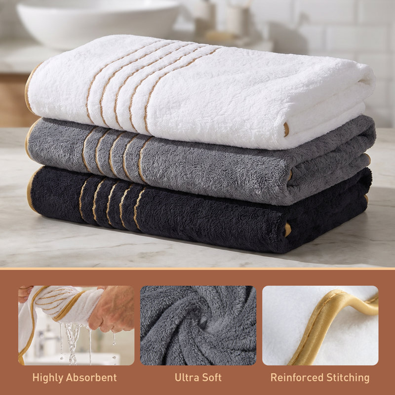 3-Pack Polyester Bath Towels with Gold Lines