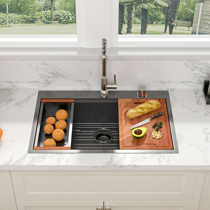 33" L x 22" W Drop-In Kitchen Sink Single Bowl SUS304 Stainless Steel Workstation Sink with Accessories, Gunmetal Black