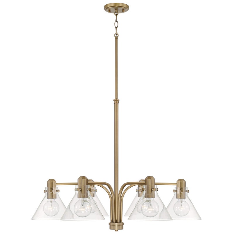 6 - Light Dimmable Modern Linear Chandelier, Aged Brass