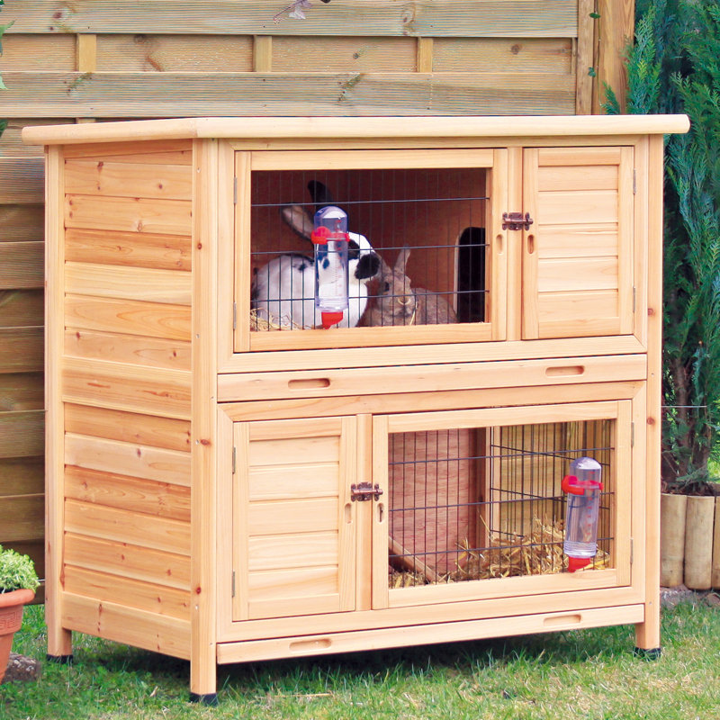 Natural Wooden 2-Story Guinea Pig and Rabbit Hutch with Ramp