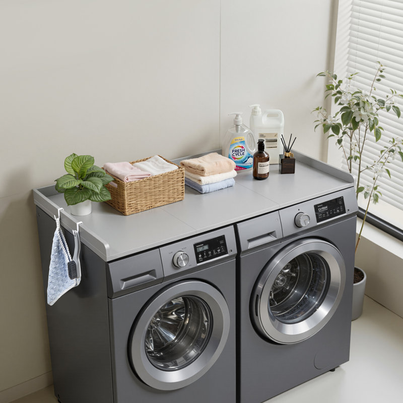 Washer Dryer Countertop, 54 x 27.5 in Wooden Washer and Dryer Topper with Edge & 2 Hooks, Water-Resistant Laundry Machine Topper for Laundry Closet Pantry Counter Organization and Storage, White