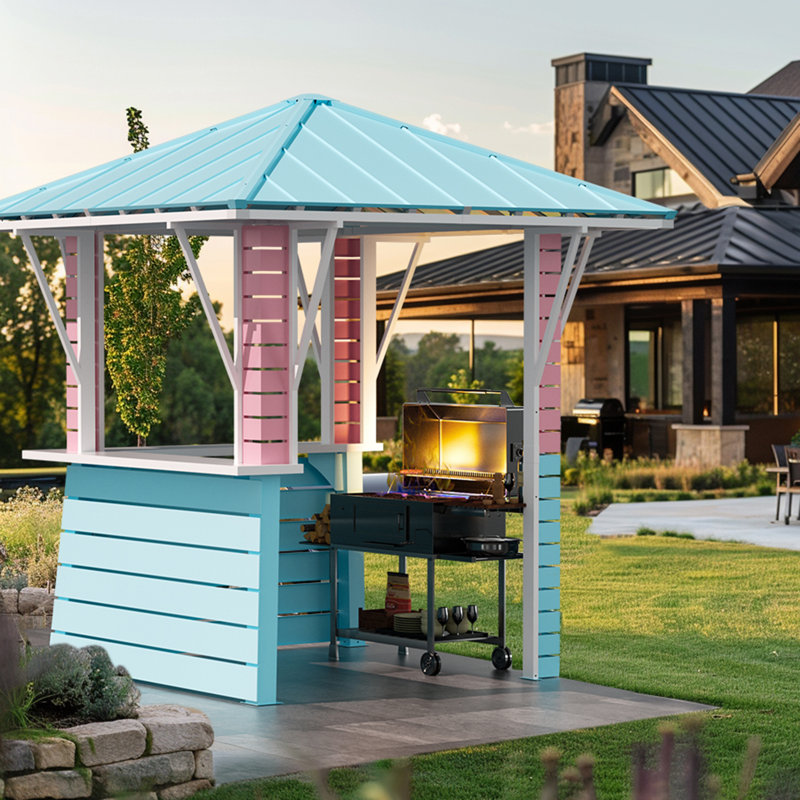 Hawaii 8'x8' Galvanized Steel Hardtop  Blue Pink Gazebo Pavilion with USB Charging Socket and BBQ Bar Table Shelf