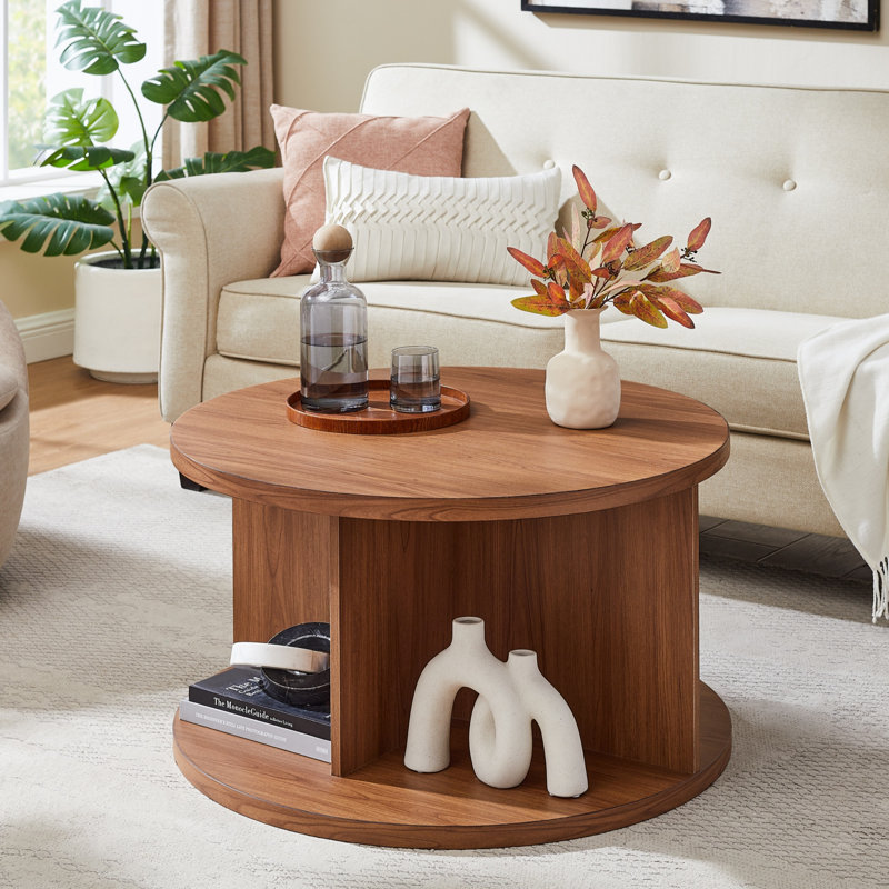 Round Coffee Table with 4 Open Compartments for Storage, Dark Natural Oak