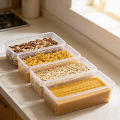 Airtight Food Storage Containers 4-Piece Set, BPA-Free Plastic Pasta Organizers With Lids For Kitchen Pantry, Horizontal Dry Food Storage, Includes La