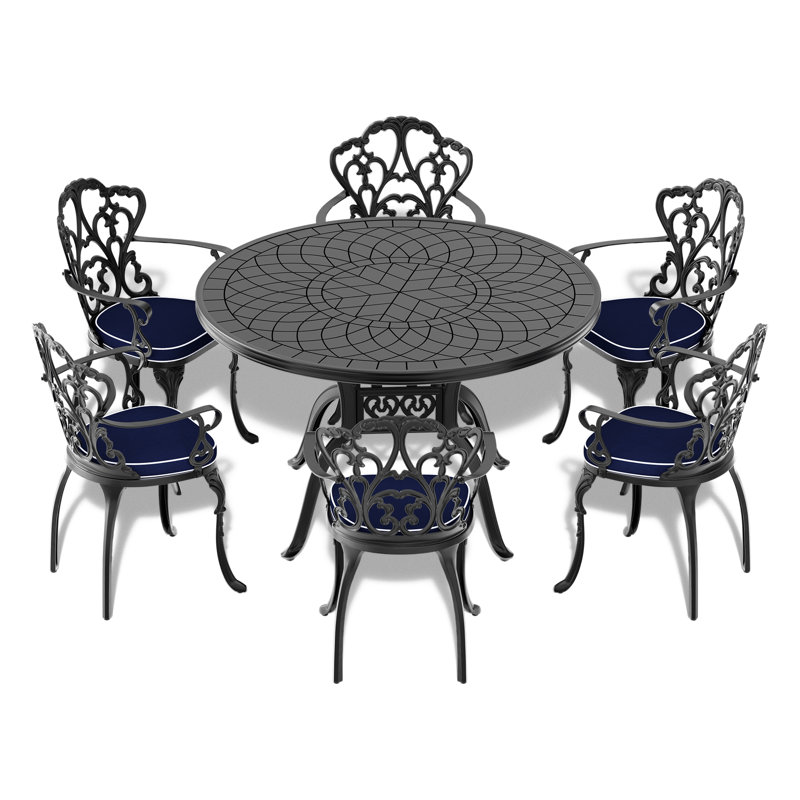 Table d'extérieur 46,07 "en fonte d'aluminium avec cadre noir et belle sculpture - 6 pièces
