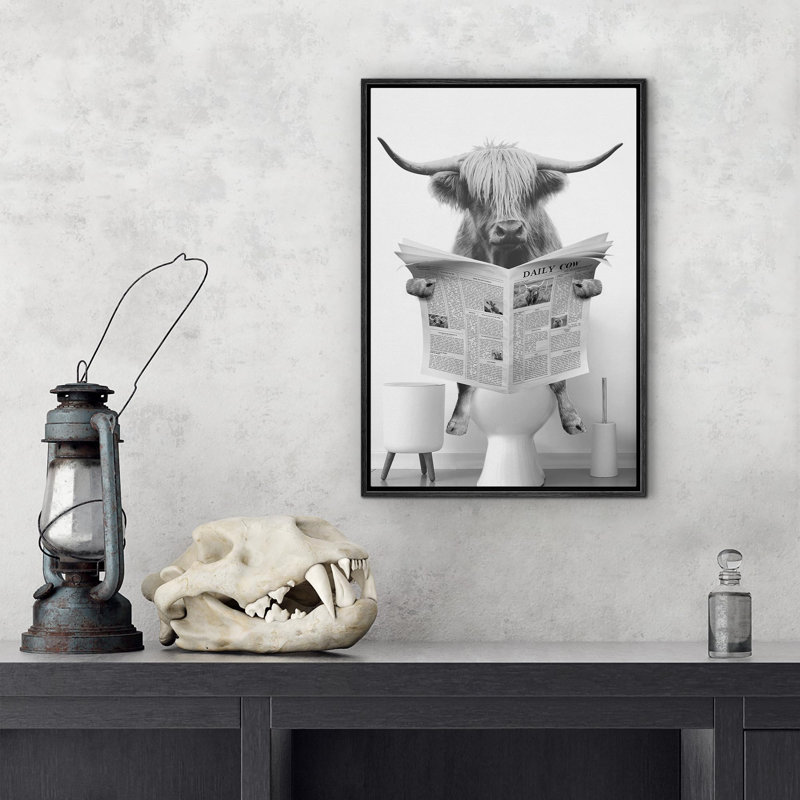 Animals Funny Bathroom Decor Black and White Highland Cow Sit On Toilet Large Framed Canvas Print Wall Art, Framed Print