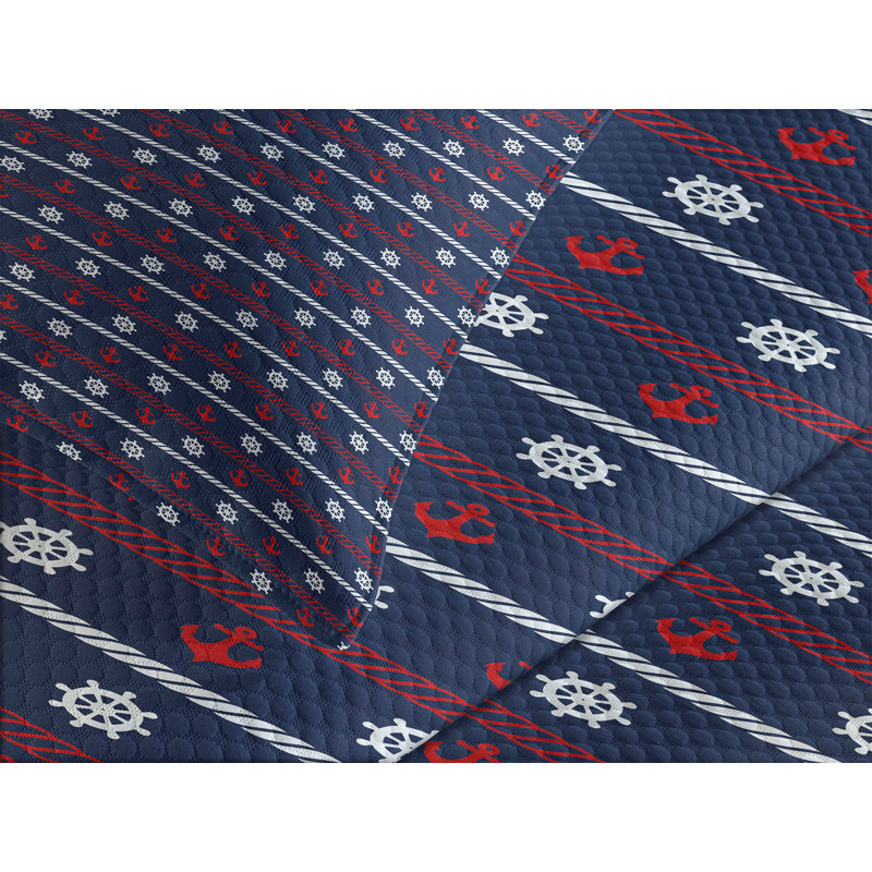 Navy Blue Quilted King Bedspread Set with Nautical Borders