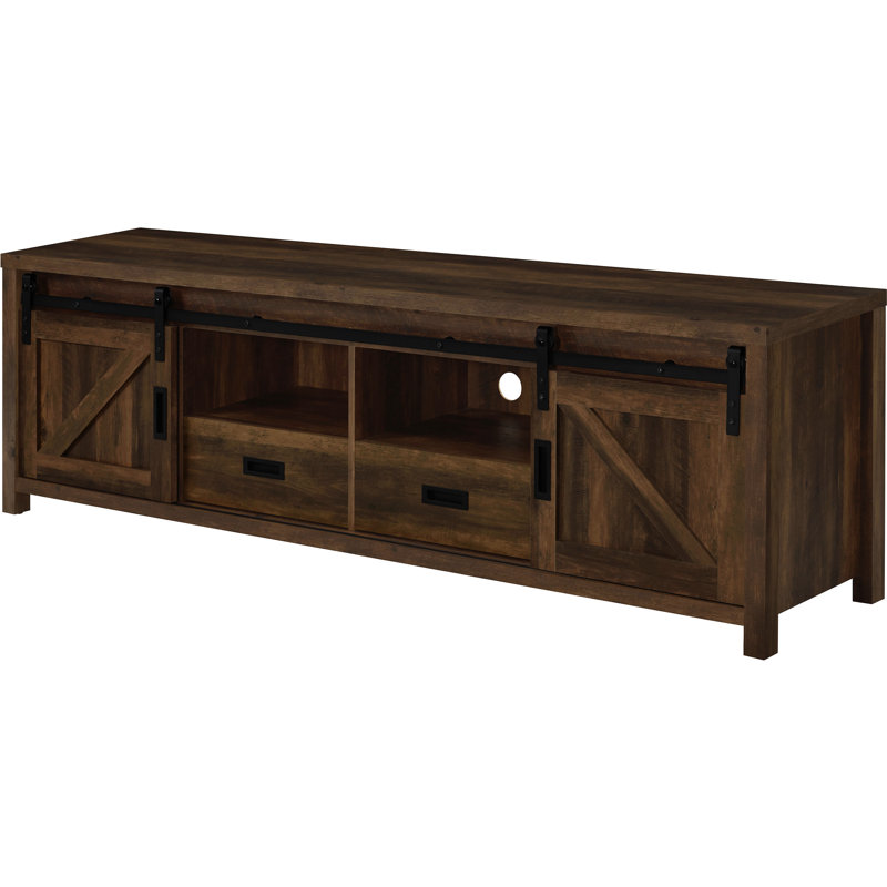 Meuble télé en bois d'ingénierie à 2 portes en pin foncé, avec portes coulissantes peu encombrantes et deux tiroirs pour agencements en bois de pin, avec rangement pour tiroirs de 70 à 79