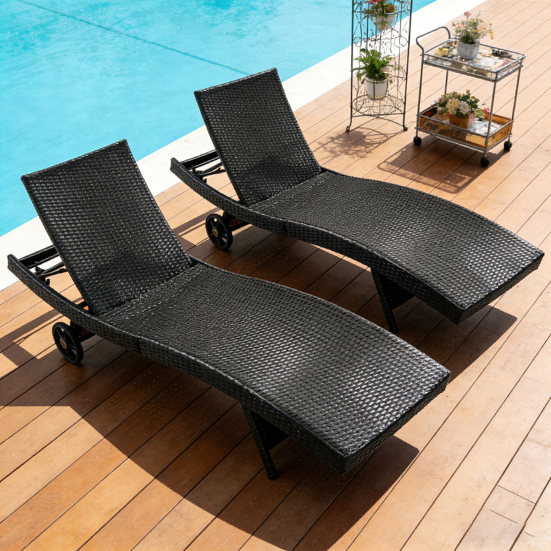 Patio Wicker Chaise Lounge Chairs Set, Black