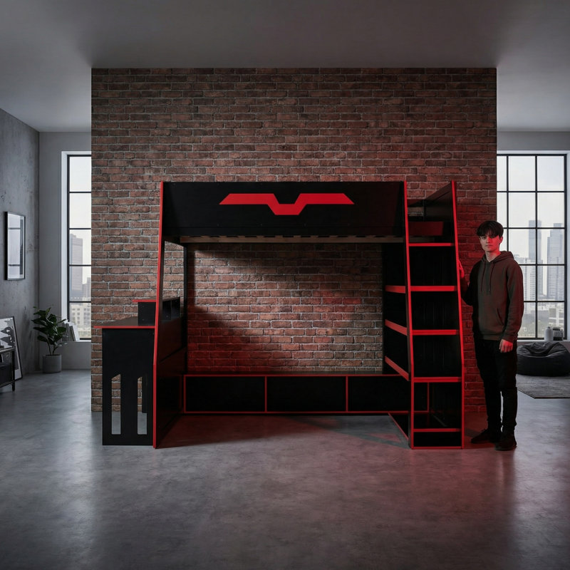 Lit mezzanine double en bois, Rouge