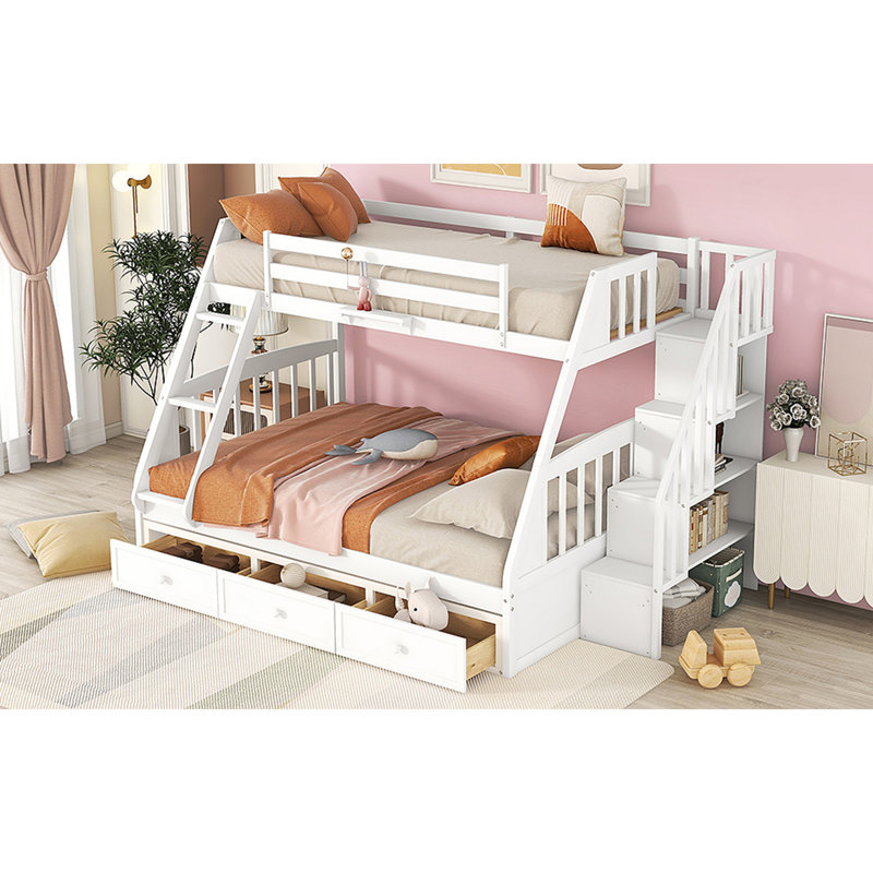 Lit superposé avec tiroirs, échelle et escalier de rangement, Blanc