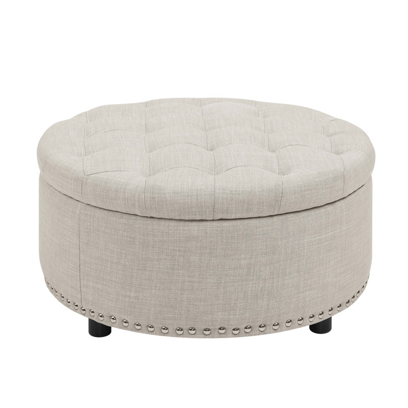 29.9'' Wide Tufted Round Ottoman with Storage, Almond Linen