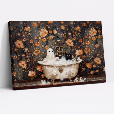 «Ghost and Cats in Clawfoot Tub» avec art floral sur toile Halloween