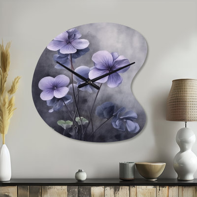 Purple Grey Violets Dream I - Floral Unique Shape Metal Wall Clock, Traditional Asymmetrical Wall Clock Print