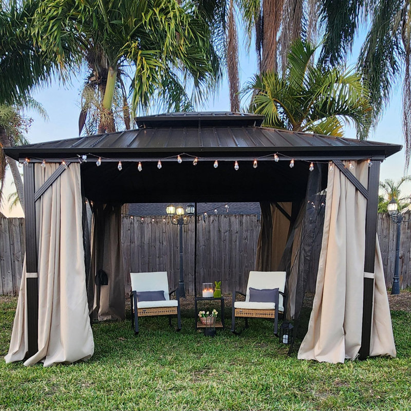 PURPLE LEAF Outdoor Hardtop Gazebo Bronze Metal Frame Galvanized Steel Double Roof with Light