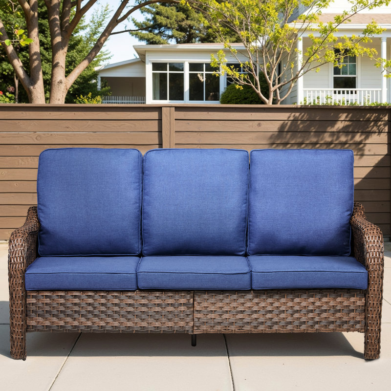 Canapé d'extérieur 3 places de 180 cm avec coussins bleus, structure en PE de haute qualité, résistant à la rouille, idéal pour toutes les conditions climatiques et au style élégant.