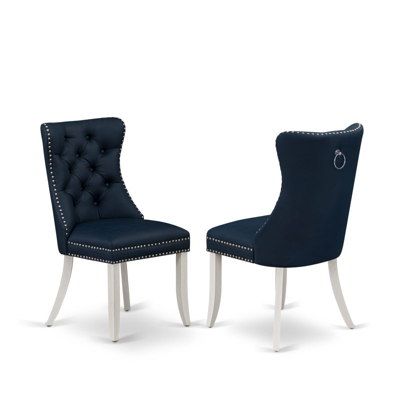 Dallas Parson Dining Room Chairs - Button Tufted Nailhead Trim Navy Blue Polyester Fabric Padded Chairs, Set of 2, Wirebrushed Bright Linen white