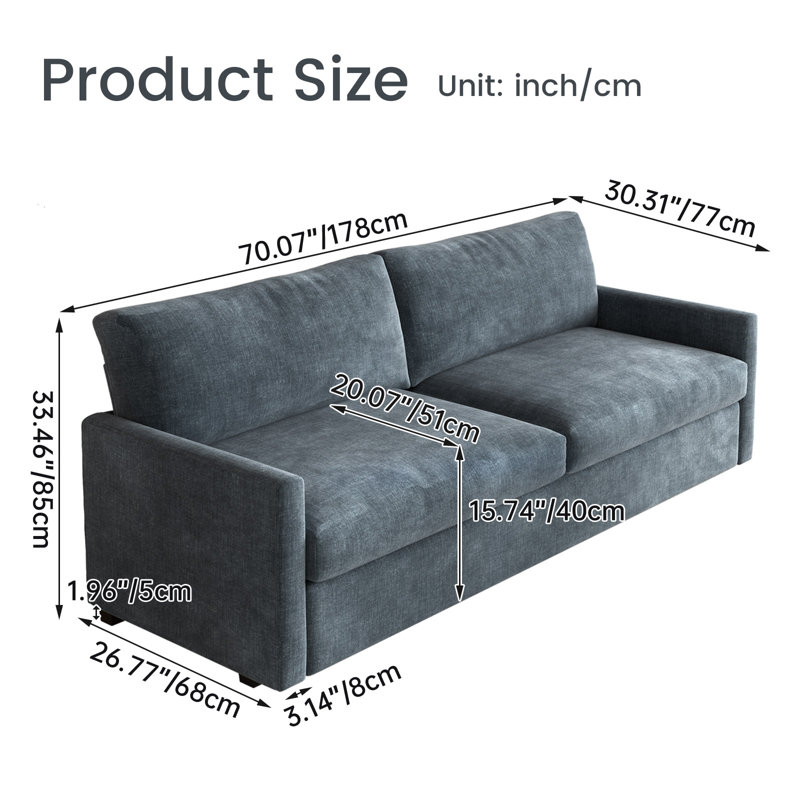 Modern 3-seater Blue Fabric Sofa With Deep Seat, Living Room Couch