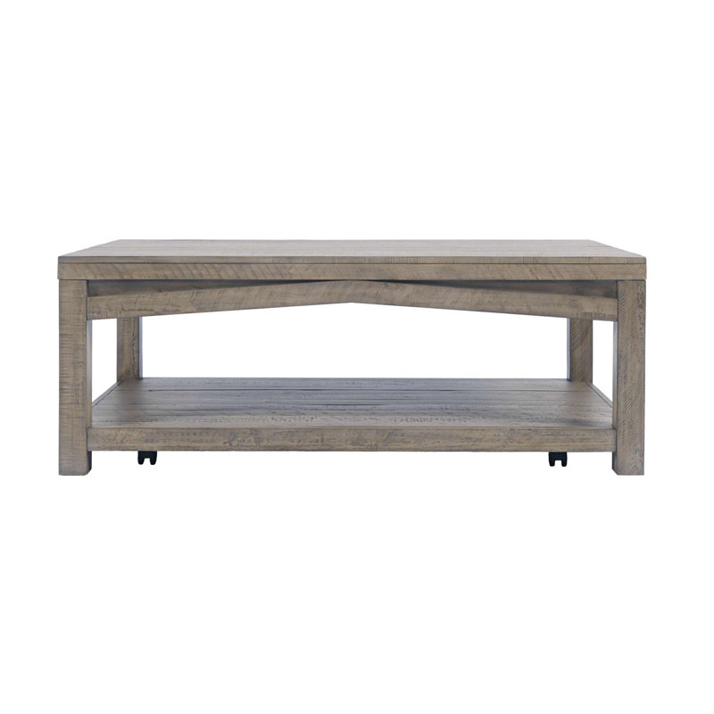Lockington 50 Inch Modern Rustic Solid Pine Rectangular Coffee Table with Casters and Shelf